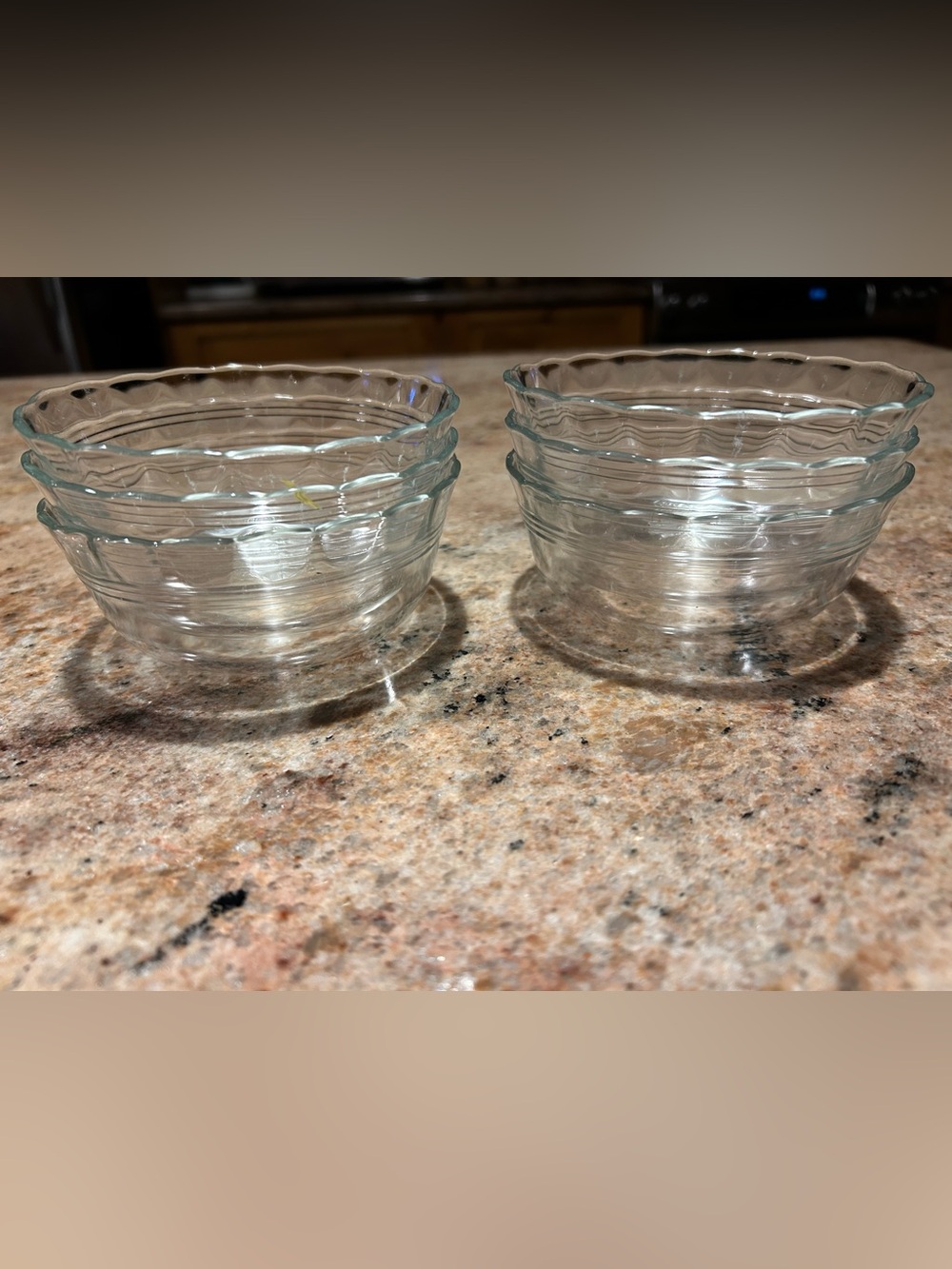 Pyrex #464 Clear Glass 10oz Scalloped Edge 3 Ring Band Custard Dishes Set of (6)
